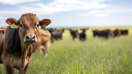 Aufkleber - Closeup of a curious brown cow in a wide green pasture with other cattle grazing under a bright sky : Generative AI