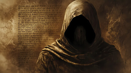 Wall Mural - mysterious hooded figure with ancient text and dark atmosphere. eerie veil of the unknown. illustrat