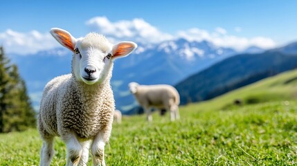 Poster - Cute lamb grazing peacefully in a lush green meadow with mountains and blue sky in the background : Generative AI