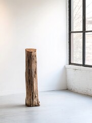 Poster - Rustic Wooden Log Standing Elegantly in Minimalist Interior Space : Generative AI