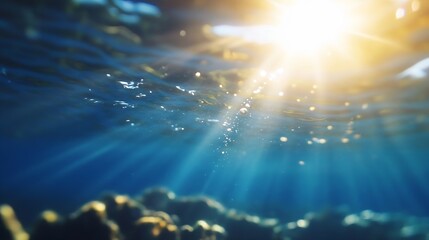 Poster - Underwater scene of sunlight filtering through water revealing shimmering bubbles : Generative AI