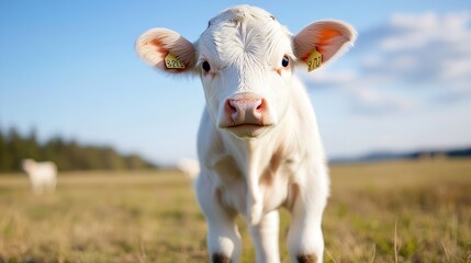 Poster - Adorable young cow looking directly at the camera in a sunny green pasture : Generative AI