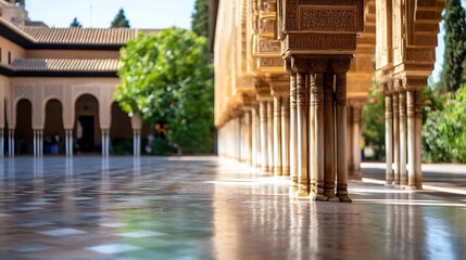 Aufkleber - Architectural Beauty of Alhambra Highlighting Intricate Columns and Lush Greenery : Generative AI