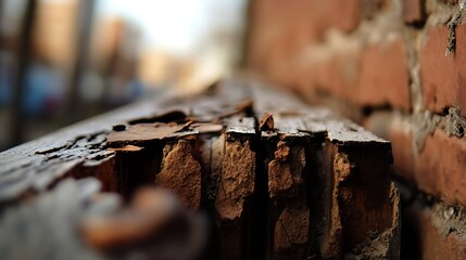 Aufkleber - Detailed close up of a weathered wood plank revealing cracks and textures against a brick wall : Generative AI