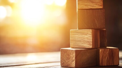 Aufkleber - Artistic arrangement of wooden blocks stacked together softly illuminated by warm golden light : Generative AI