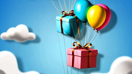 Aufkleber - A box with a red ribbon on top of a cloud. There are three balloons in the air