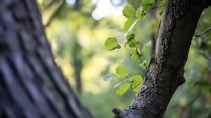 Poster - Closeup shot of vibrant green leaves against a textured tree trunk in a blurred background : Generative AI
