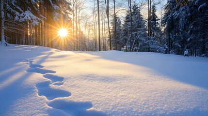 Aufkleber - Sunlight breaking through trees in a snowy landscape with footprints leading into the winter wonderland : Generative AI