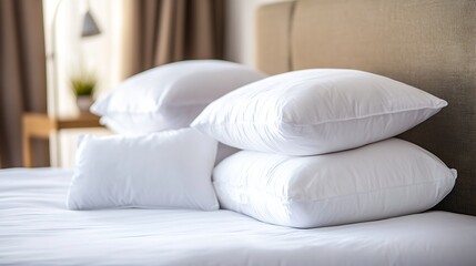 Aufkleber - Cozy Bedroom Setting with Fluffy White Pillows Stacked Neatly on the Bed : Generative AI