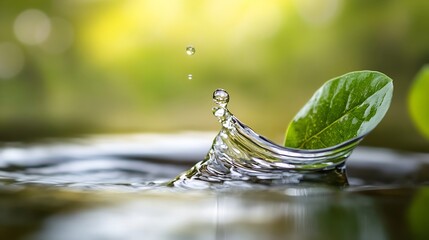 Fototapete - Close up of a water droplet splashing and creating ripples on a serene surface with green leaves in a nature setting : Generative AI