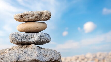Poster - Balanced Stack of Smooth Stones Against a Vibrant Sky Background Symbolizing Calmness : Generative AI