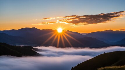 Fototapete - Stunning sunrise over the mountains casting a golden glow across the valley shrouded in soft mist and clouds : Generative AI