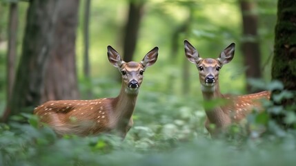 Poster - Two graceful deer standing together in a lush green forest surrounded by foliage and trees : Generative AI