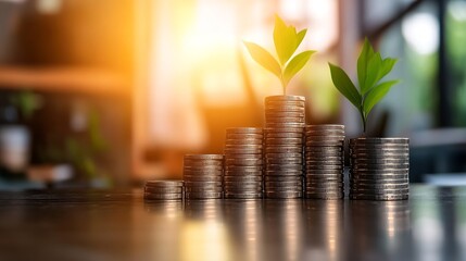 Aufkleber - Growing stacks of coins with green sprouts symbolizing financial growth and investment in a bright environment : Generative AI
