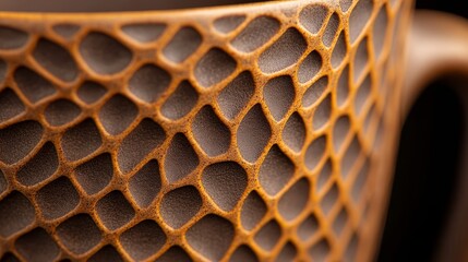 Wall Mural - Close-up of intricately textured ceramic mug showcasing a unique reptilian pattern against a dark backdrop