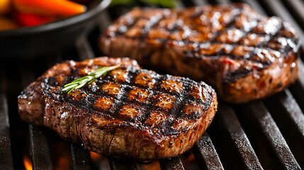 Perfectly grilled juicy steaks cooked to perfection with grill marks and fresh herbs garnishing the plate : Generative AI