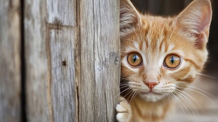 Poster - Charming ginger tabby kitten peeking through a wooden fence with curious eyes : Generative AI