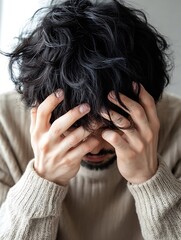 Poster - Stressed Young Man with Hands on His Head Reflecting Feelings of Anxiety : Generative AI