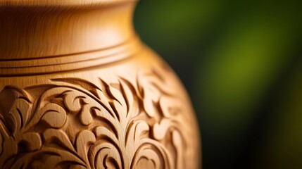 Wall Mural - Close-up of intricately carved wooden vase showcasing floral patterns against a blurred green background