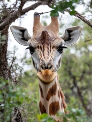 Aufkleber - Majestic Giraffe Peering Through Green Foliage in Its Natural Habitat : Generative AI