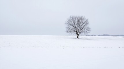Poster - Minimalist landscape featuring a single tree in a vast white snow field creating a stark winter scene : Generative AI