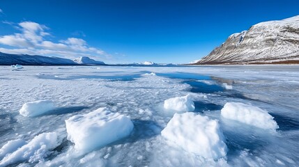 Poster - Expansive arctic landscape featuring floating ice and snowcovered mountains under clear skies : Generative AI