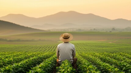 Poster - Farmer in Straw Hat Overlooking Lush Green Fields at Sunset