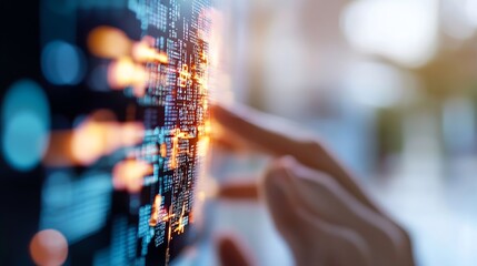 Leinwandbilder - Closeup of a hand interacting with a digital interface showcasing vibrant data and technology : Generative AI