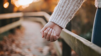 Poster - Tranquil hand holding and relaxing stroll in a picturesque autumn landscape with soft golden light : Generative AI