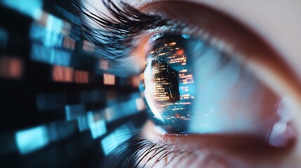 Poster - Close up of a human eye reflecting a digital cityscape showcasing advanced technology and connectivity : Generative AI