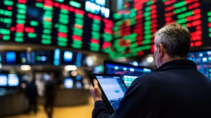Leinwandbilder - Trader analyzing stock market performance on digital tablet in a modern setting : Generative AI