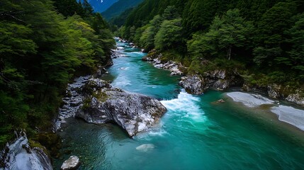 Poster - Scenic view of a crystal clear river winding through lush green mountains under a bright blue sky : Generative AI