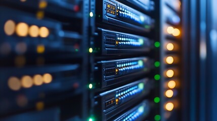 Poster - Hightech server room with illuminated data servers organized neatly showcasing digital technology : Generative AI