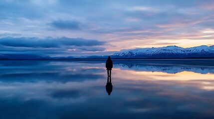 Poster - Silhouette of a person standing alone on reflective water surface at sunset with serene mountains backdrop : Generative AI