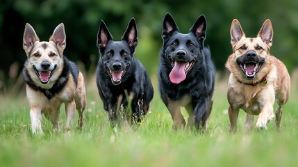 Aufkleber - Group of happy dogs running together in a grassy outdoor setting full of joy and energy : Generative AI