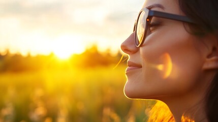 Poster - Woman enjoying a serene sunset while wearing stylish sunglasses in a dreamy golden field : Generative AI