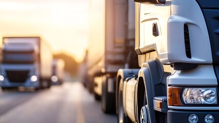 Aufkleber - Closeup of trucks lined up on a highway during sunset creating a lively transportation scene : Generative AI