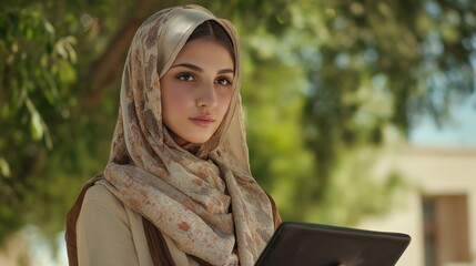 Aufkleber - In a tranquil outdoor environment, a beautiful Arabian girl thoughtfully interacts with her tablet. Dressed in a stylish hijab, she reflects the blend of tradition and modernity, radiating grace