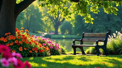 Aufkleber - A bench is in a park with a tree behind it. The bench is black and there are flowers in the background