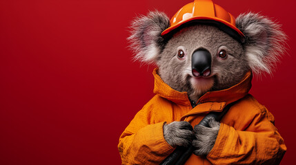 koala wearing orange safety jacket and hard hat against red background, creative portrait of austral