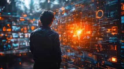 Poster - A man observing a futuristic digital screen filled with holographic data, illuminated by glowing orange and blue elements in a cyberpunk-styled setting