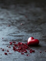 Poster - Closeup of a red heartshaped object on a textured black surface surrounded by crushed flakes : Generative AI