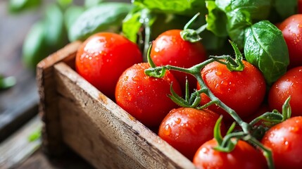 Poster - Fresh ripe cherry tomatoes with green basil leaves on a rustic wooden table : Generative AI