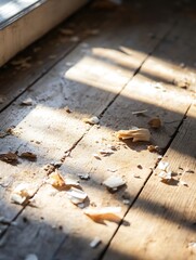 Aufkleber - Scattered Wood Shavings on a Sunlit Wooden Floor Creating a Rustic and Warm Interior Atmosphere : Generative AI
