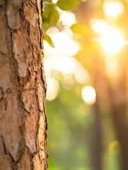 Aufkleber - Sunlight filtering through leaves illuminating a textured tree trunk in a serene forest environment : Generative AI