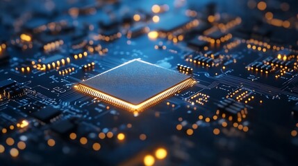 Fototapete - Closeup view of a modern microprocessor on a futuristic circuit board : Generative AI