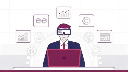 Wall Mural - futuristic business innovation A businessman in VR glasses works on a laptop surrounded by data analytics graphics.