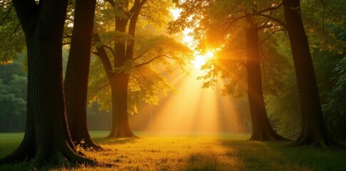 Wall Mural - Golden hues of sunlight filtering through trees, backdrop, trees