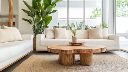 Poster - Stylish modern living room with cozy white sofas and natural wood coffee table surrounded by vibrant indoor greenery : Generative AI