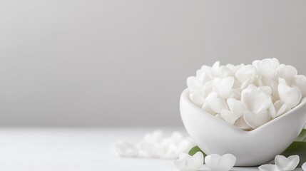 Poster - Elegant white heart shaped petals in a minimalist bowl on a simple backdrop for a calming aesthetic : Generative AI